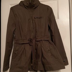 Olive green mid butt length jacket with hidden hood and high neck